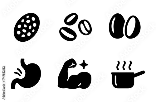 Nutritional health icons featuring protein, digestion, and cooking elements in bold silhouette style