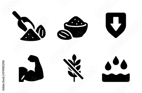 Health and nutrition icons: sugar, gluten free, muscle, and water resistant symbols