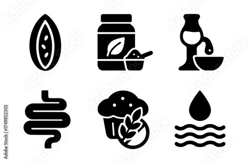 Health and wellness icons: nutrition, digestion, hydration, and culinary art