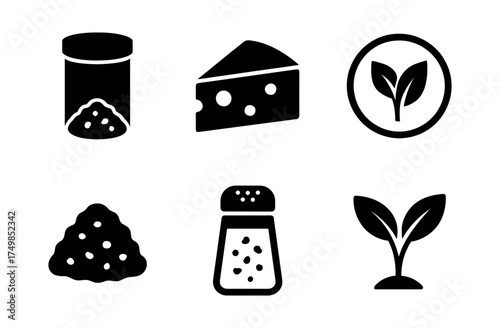 Minimalist food icons: cheese, salt, and herb symbols in yellow