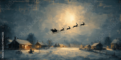 Santa Claus rides his sleigh, pulled by two reindeer, across a snowy landscape under a starry night sky. created by ai