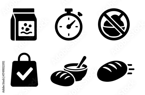 Food and shopping icons: silhouette set of packaging, timer, no gmo, and bakery symbols