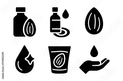 Minimalist icons of almond oil and skincare elements