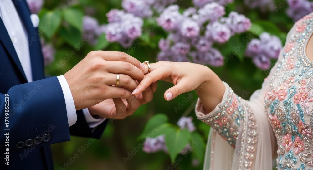 Fototapeta premium A groom places a ring on his brides finger during a wedding proposal or ceremony, with blooming lilac flowers in the background