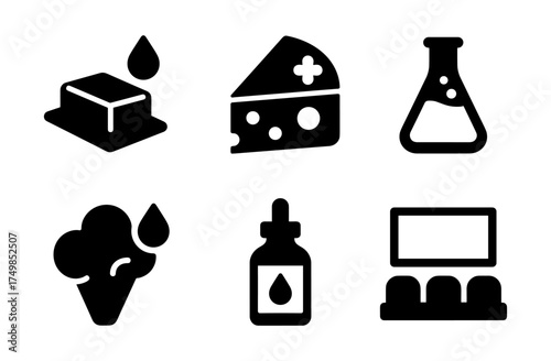 Collection of black food and science icons featuring bold graphic style