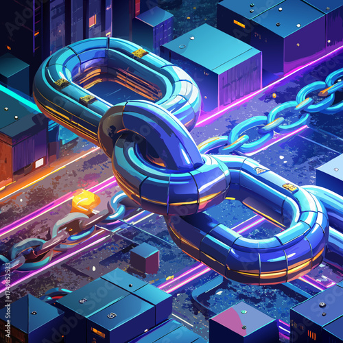 Futuristic digital cityscape with interconnected blockchain chain