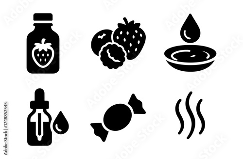 Bold icons of herbal extracts, fruits, and essential oils in minimalist design
