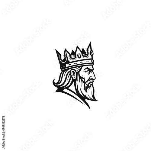 Monochrome side profile of a king with crown, beard, and stern expression