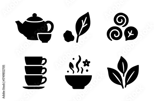 Silhouette tea icons collection: teapot, leaves, cups, and steam