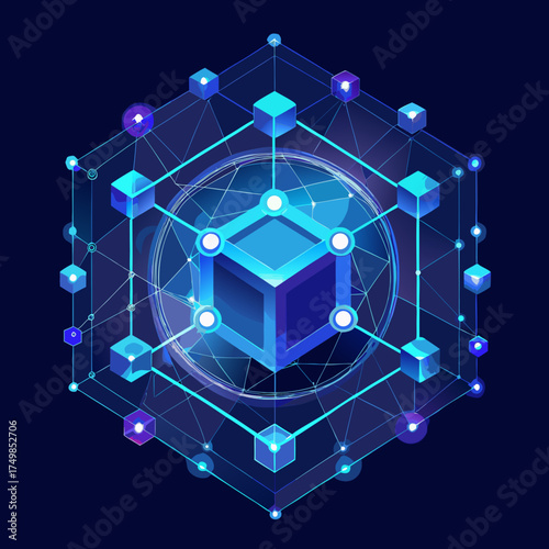 Abstract digital network of interconnected cubes and nodes