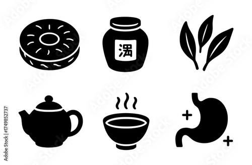 Black and white tea icons featuring teapot, cup, leaves, and stomach symbols