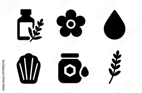 Lavender-themed icon set featuring oils, flowers, and leaves in flat style