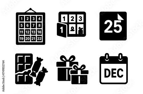 Advent calendar and holiday icons in flat style