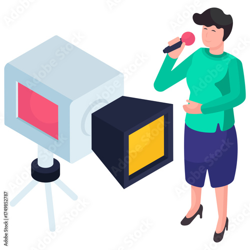 Conceptual isometric design illustration of female correspondent recording 