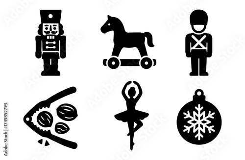 Classic holiday black silhouette icons featuring nutcracker and ballerina
