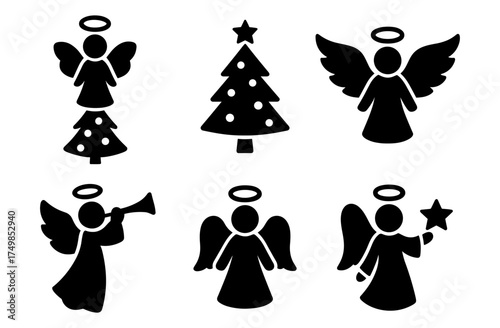 Christmas angel and tree silhouettes with halos and stars in festive black design