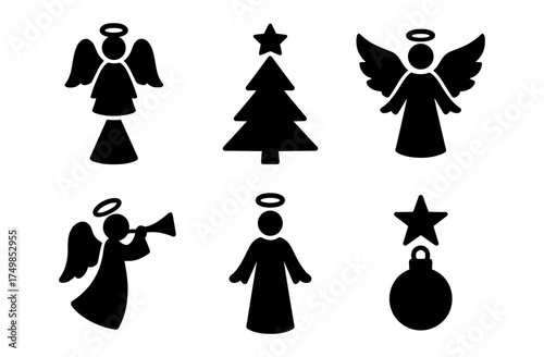 Silhouette christmas icons: angel wings and festive tree designs