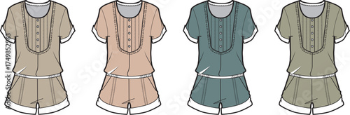 Vector flat technical sketch of four women's short-sleeved rompers, each with buttoned placket and elasticated shorts, displayed in a varied color palette for apparel design