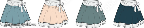 Set of four fashionable skirts with varying colors teal, peach, seafoam, and navy, all featuring a charming bow detail