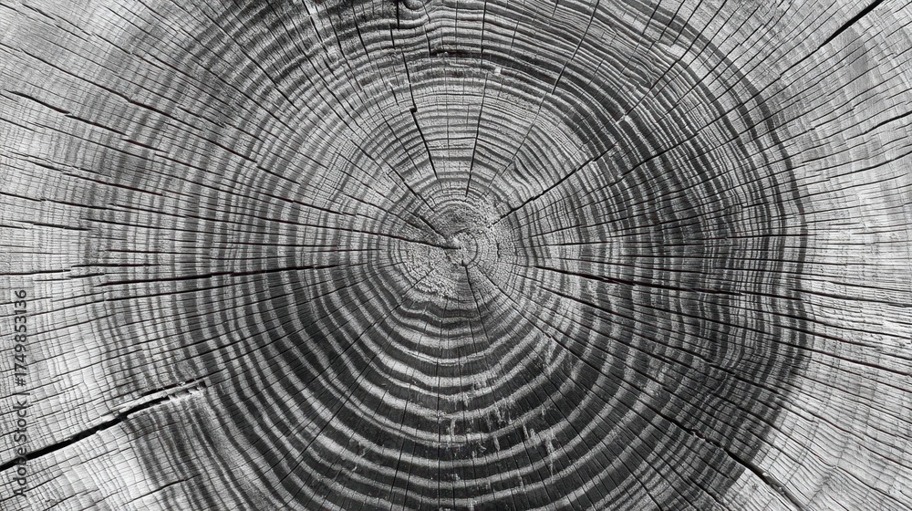 Obraz premium A textured close-up of tree rings and end grain in monochrome, fused with faint monetary motifs for an earthy financial contrast.