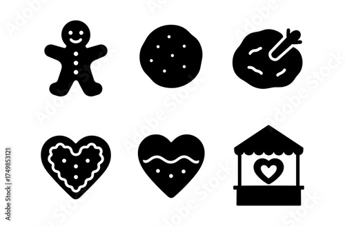 Black and white cookie icons featuring gingerbread, heart shapes, booth
