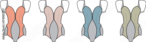 Collection of stylish vector one-piece swimsuits in various vibrant colors, perfect for summer fashion, beachwear, and women's swimwear design concepts