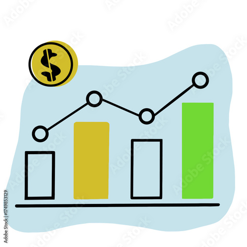 See upward trending financial growth with a bar graph and dollar coin, a visual story of success for business marketing and investment campaigns