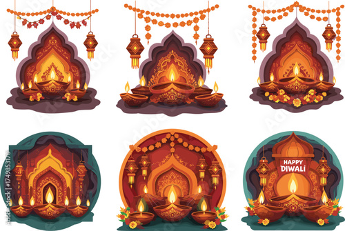 Beautiful Diwali festival diya lamp decoration illustration, traditional oil lamp light, hanging lanterns, marigold garlands, festive background, Indian celebration art design vector