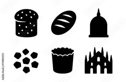 Traditional italian bakery icons set with black silhouettes of popular pastries and architecture