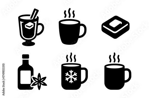 Cozy beverage icons: hot drinks and ingredients in silhouette style