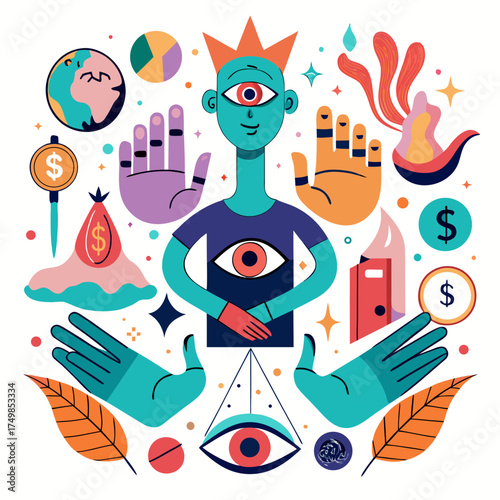 Mystical all seeing eye and cosmic symbols illustration