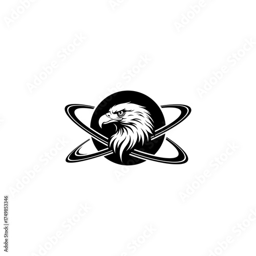 Graphic stylized bald eagle head within a circle and intersecting orbital paths