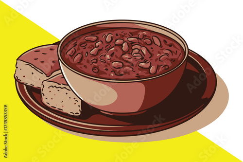 A colorful illustration of a bowl of chili with slices of bread