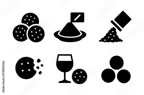 Black cookie and snack icon set with wine glass in silhouette style