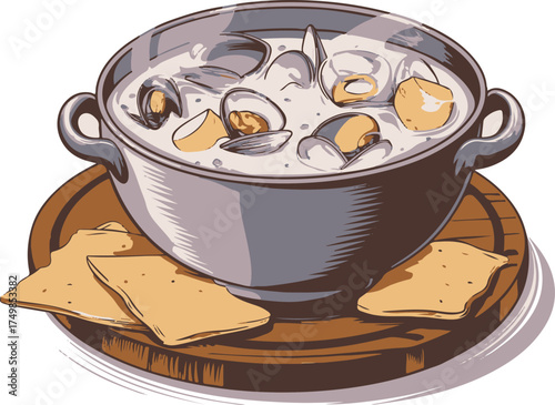 A steaming pot of creamy clam chowder with crackers on wood