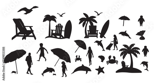 Tropical Beach Vacation Silhouettes: Summer Holiday, Seaside People, and Ocean Vector Icons Set