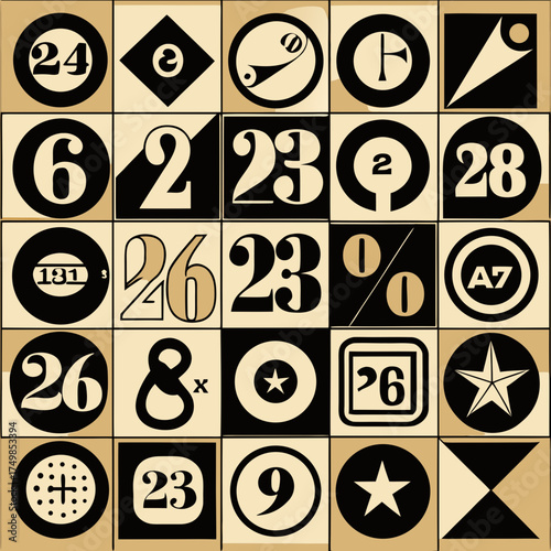Retro graphic design featuring numbers and symbols in a grid layout
