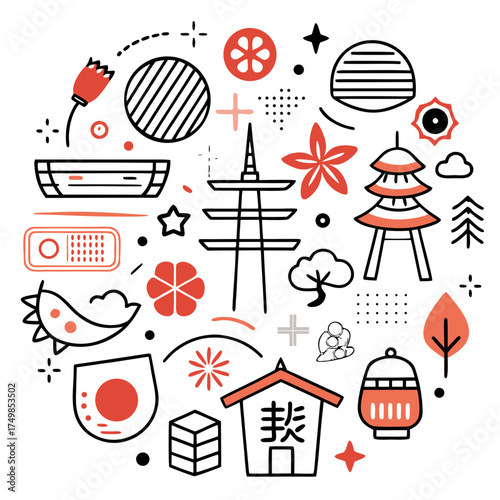 Japanese cultural icons arranged in a circle with red and black accents