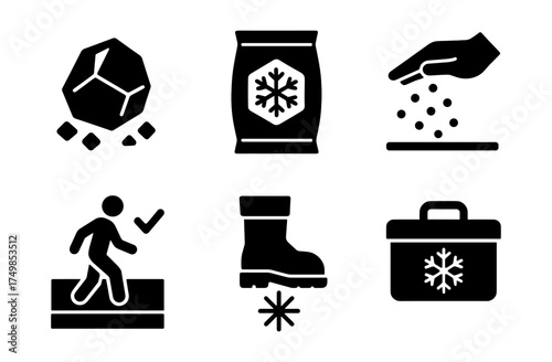 Winter safety icons set: silhouette symbols for deicing, traction, and precaution