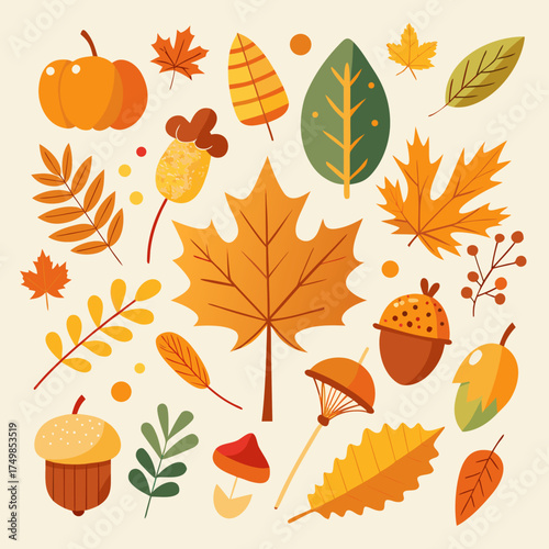 Autumn harvest and leaf collection with pumpkins and acorns