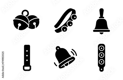Set of musical instrument icons: sleigh bells, tambourine, handbell, strap, bell, chimes