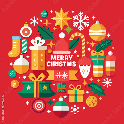 Festive christmas icons arranged in a circle with merry christmas text