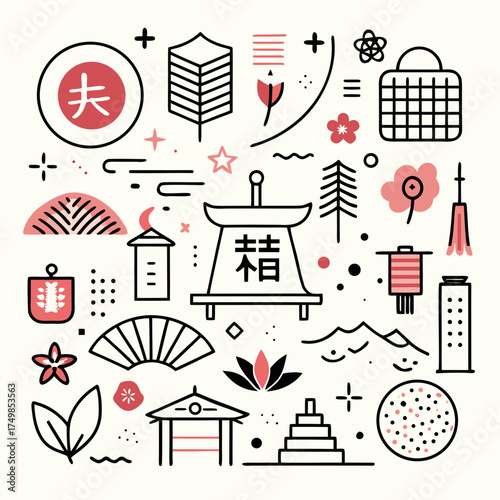 Japanese cultural icons and symbols illustration