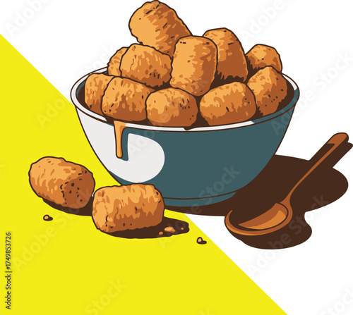 A vibrant illustration of golden tater tots in a blue bowl