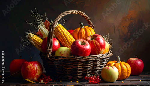 Abundant Harvest Basket with Fresh Autumn Produce on a Rustic Wooden Table.