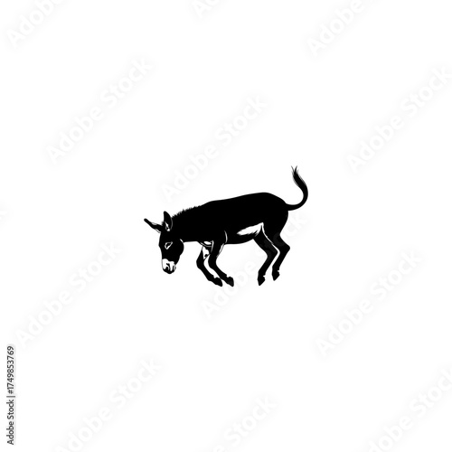Black silhouette of a donkey in mid-stride, head down, tail up on a white background