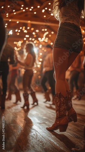 Country Line Dancing: Woman in Cowboy Boots Dancing at a Honky Tonk with Bokeh Lights and Wooden Floor