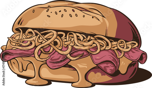 A delicious illustration of a burger with spaghetti and melted cheese