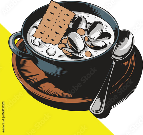 A vintage style illustration of clam chowder with crackers and a spoon