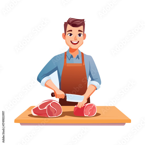 Butcher preparing fresh meat with a knife on wooden cutting board